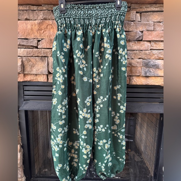 Silk Blend Emerald Green Floral Joggers pull on wide leg pants made in India - Picture 3 of 8